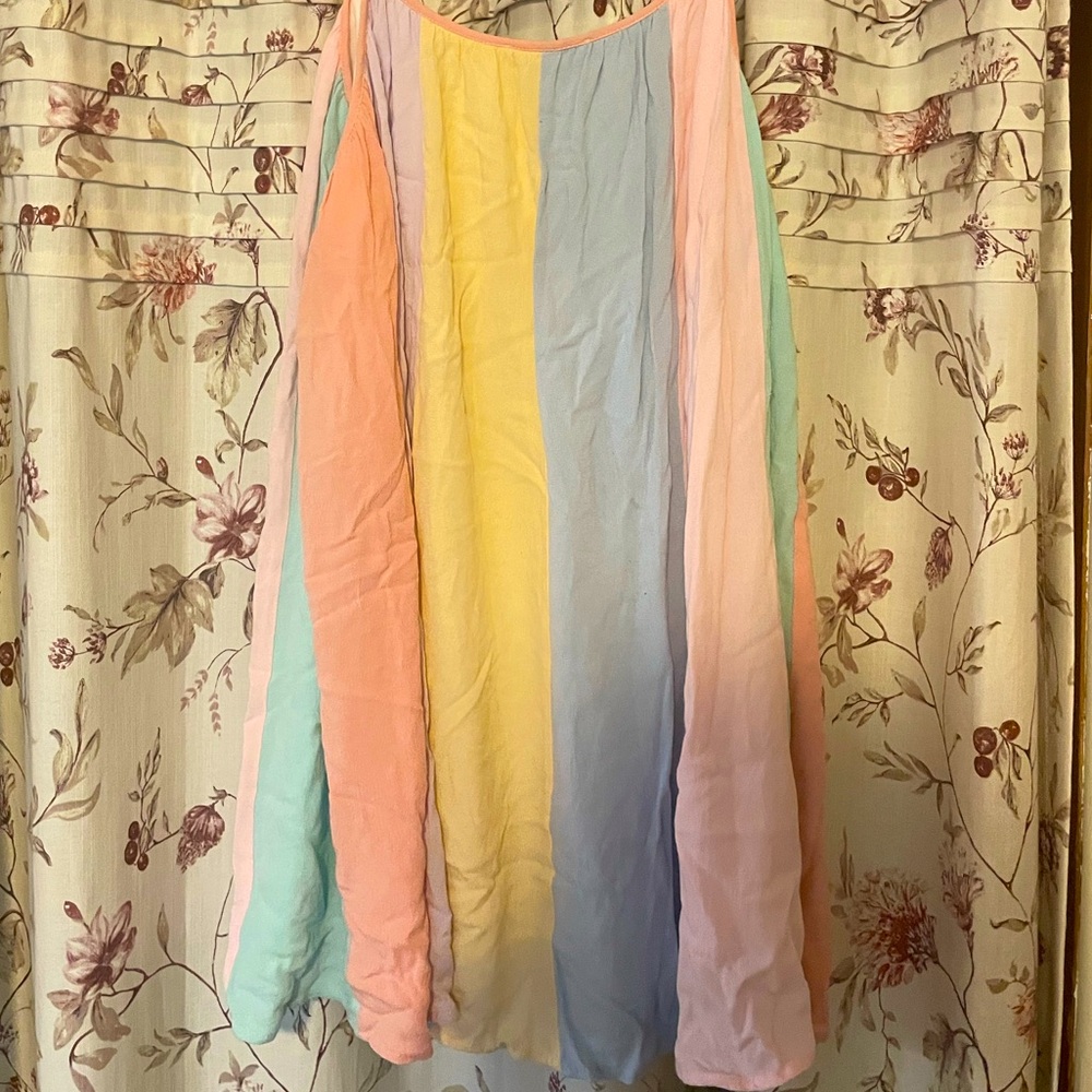 Preowned Storia Pastel Rainbow Stripe Color Block Shift Dress Size Medium